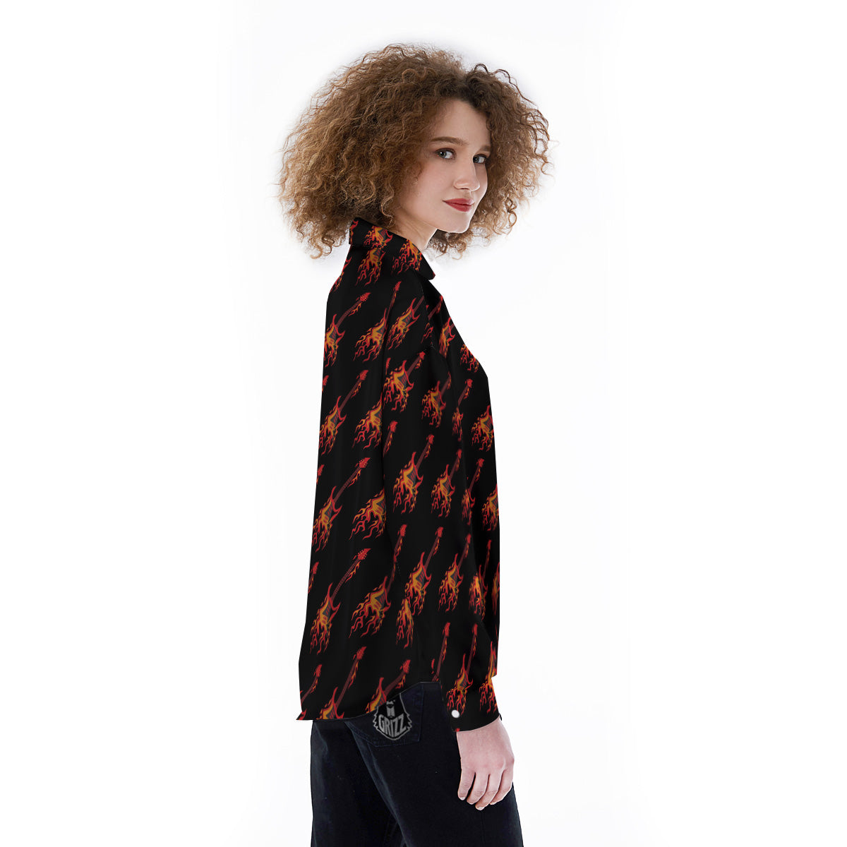 Flying Burning Guitars Print Pattern Women's Long Sleeve Shirts-grizzshop