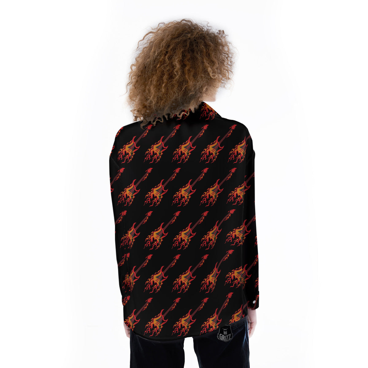 Flying Burning Guitars Print Pattern Women's Long Sleeve Shirts-grizzshop