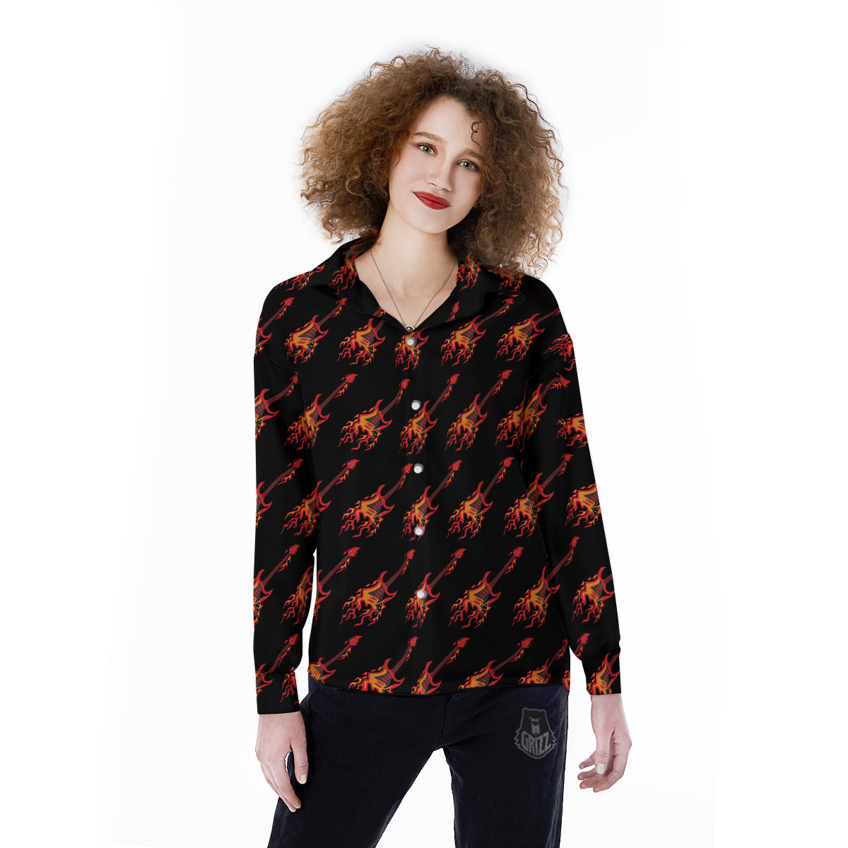 Flying Burning Guitars Print Pattern Women's Long Sleeve Shirts-grizzshop