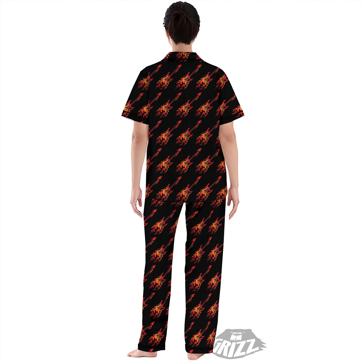 Flying Burning Guitars Print Pattern Women's Pajamas Set-grizzshop
