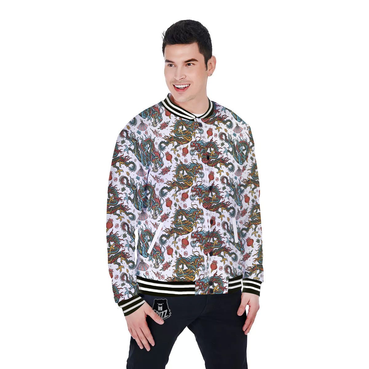 Flying Chinese Dragons Tattoo Print Pattern Baseball Jacket-grizzshop