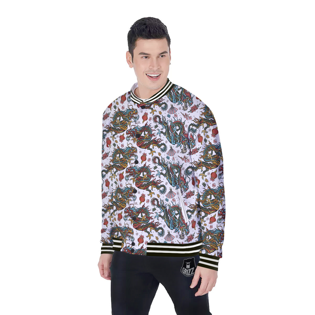 Flying Chinese Dragons Tattoo Print Pattern Baseball Jacket-grizzshop