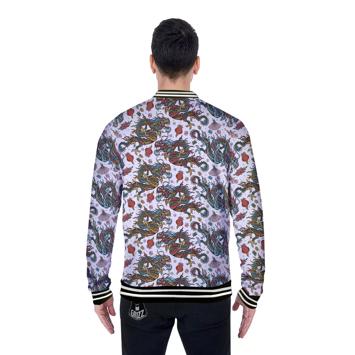 Flying Chinese Dragons Tattoo Print Pattern Baseball Jacket-grizzshop