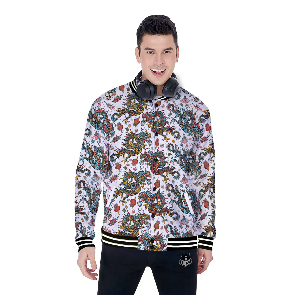 Flying Chinese Dragons Tattoo Print Pattern Baseball Jacket-grizzshop