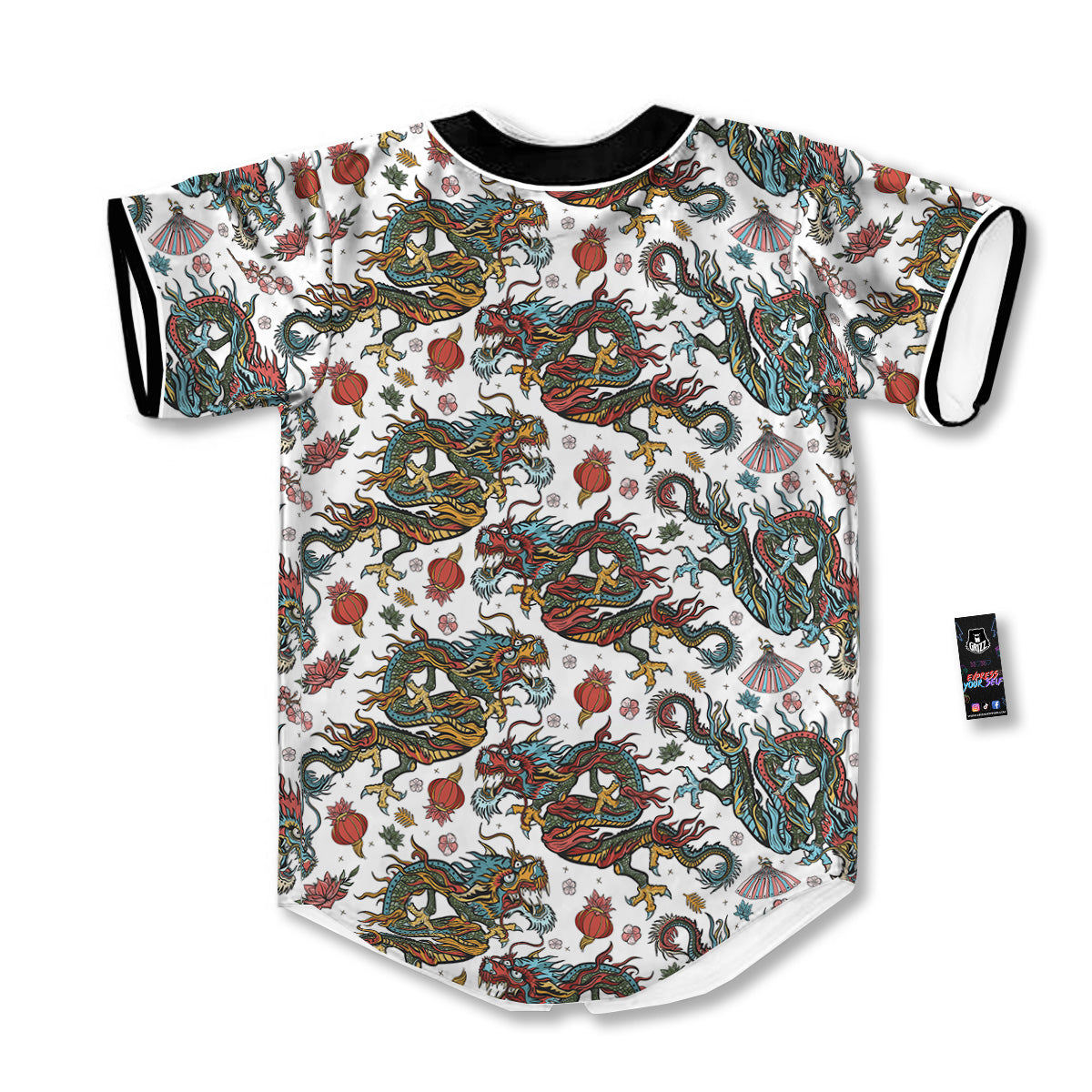 Flying Chinese Dragons Tattoo Print Pattern Baseball Jersey-grizzshop