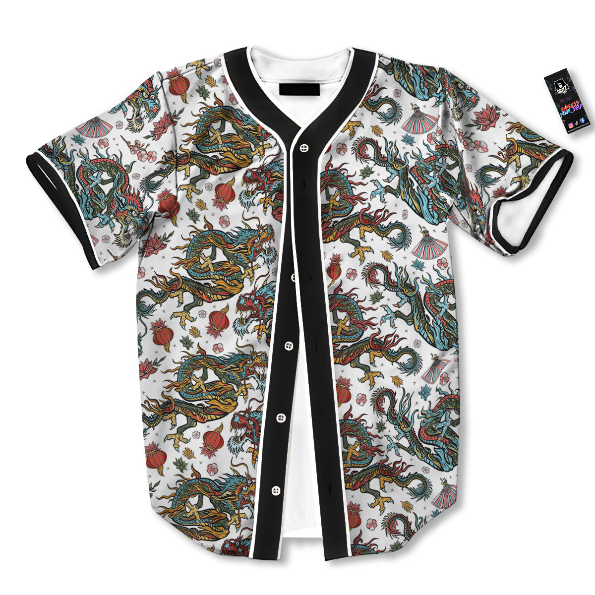 Flying Chinese Dragons Tattoo Print Pattern Baseball Jersey-grizzshop