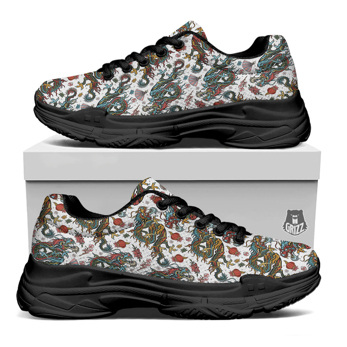 Flying Chinese Dragons Tattoo Print Pattern Black Chunky Shoes-grizzshop