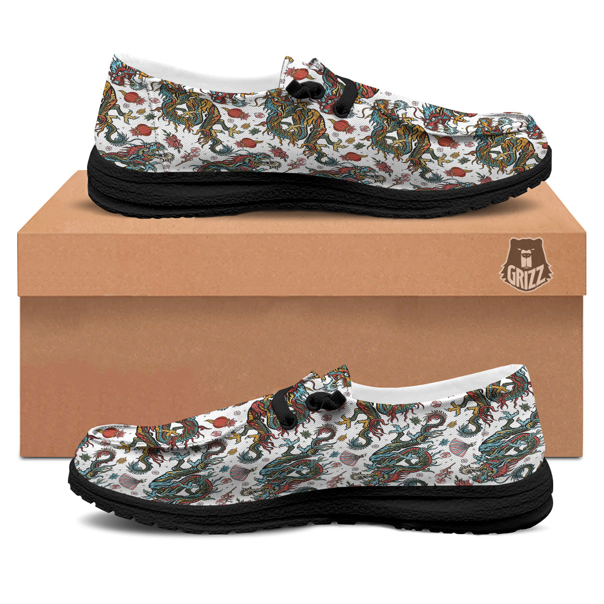 Flying Chinese Dragons Tattoo Print Pattern Black Loafers-grizzshop