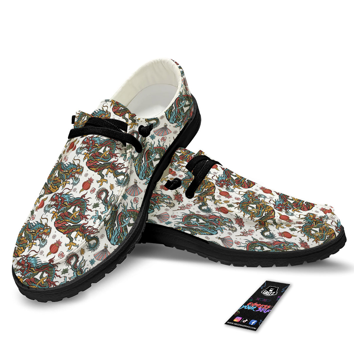 Flying Chinese Dragons Tattoo Print Pattern Black Loafers-grizzshop