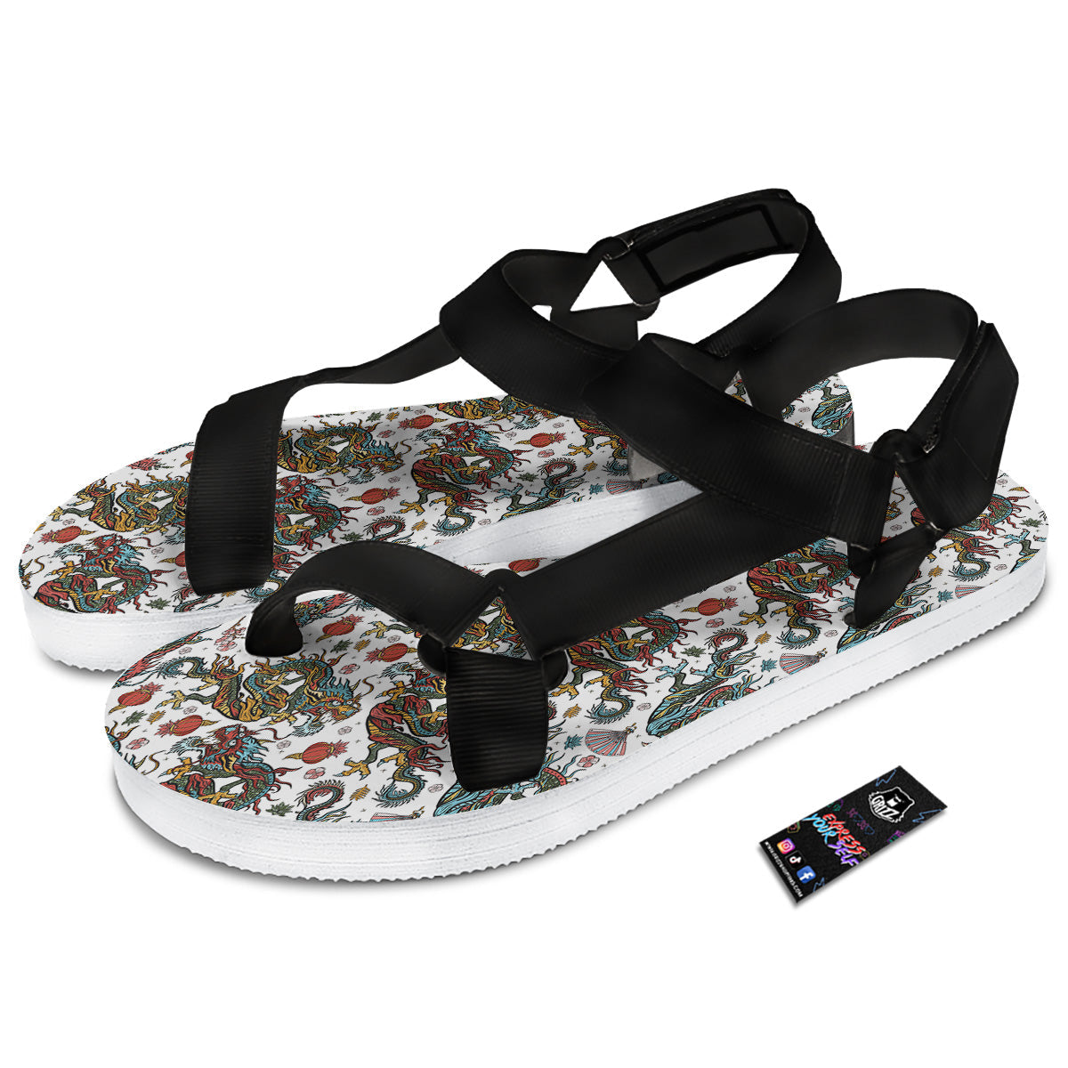 Flying Chinese Dragons Tattoo Print Pattern Black Open Toe Sandals-grizzshop