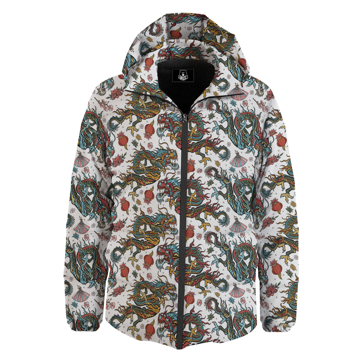 Flying Chinese Dragons Tattoo Print Pattern Down Jacket-grizzshop