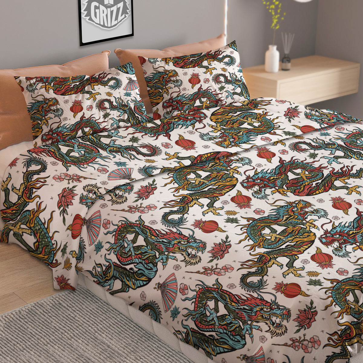 Flying Chinese Dragons Tattoo Print Pattern Duvet Cover Bedding Set