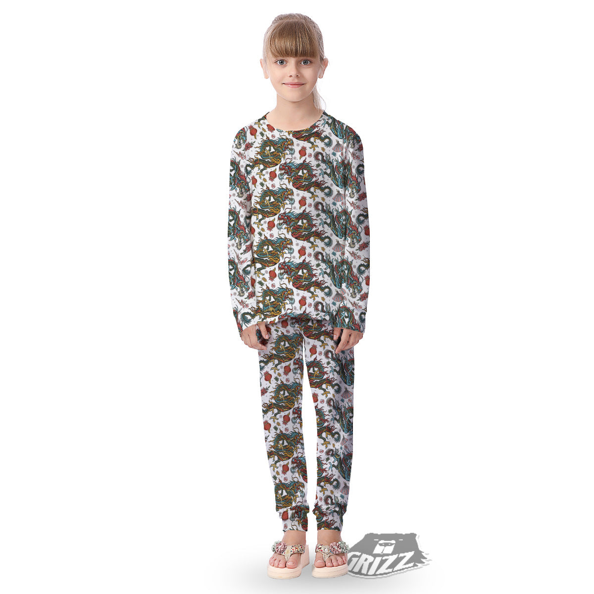 Flying Chinese Dragons Tattoo Print Pattern Kid's Pajamas-grizzshop