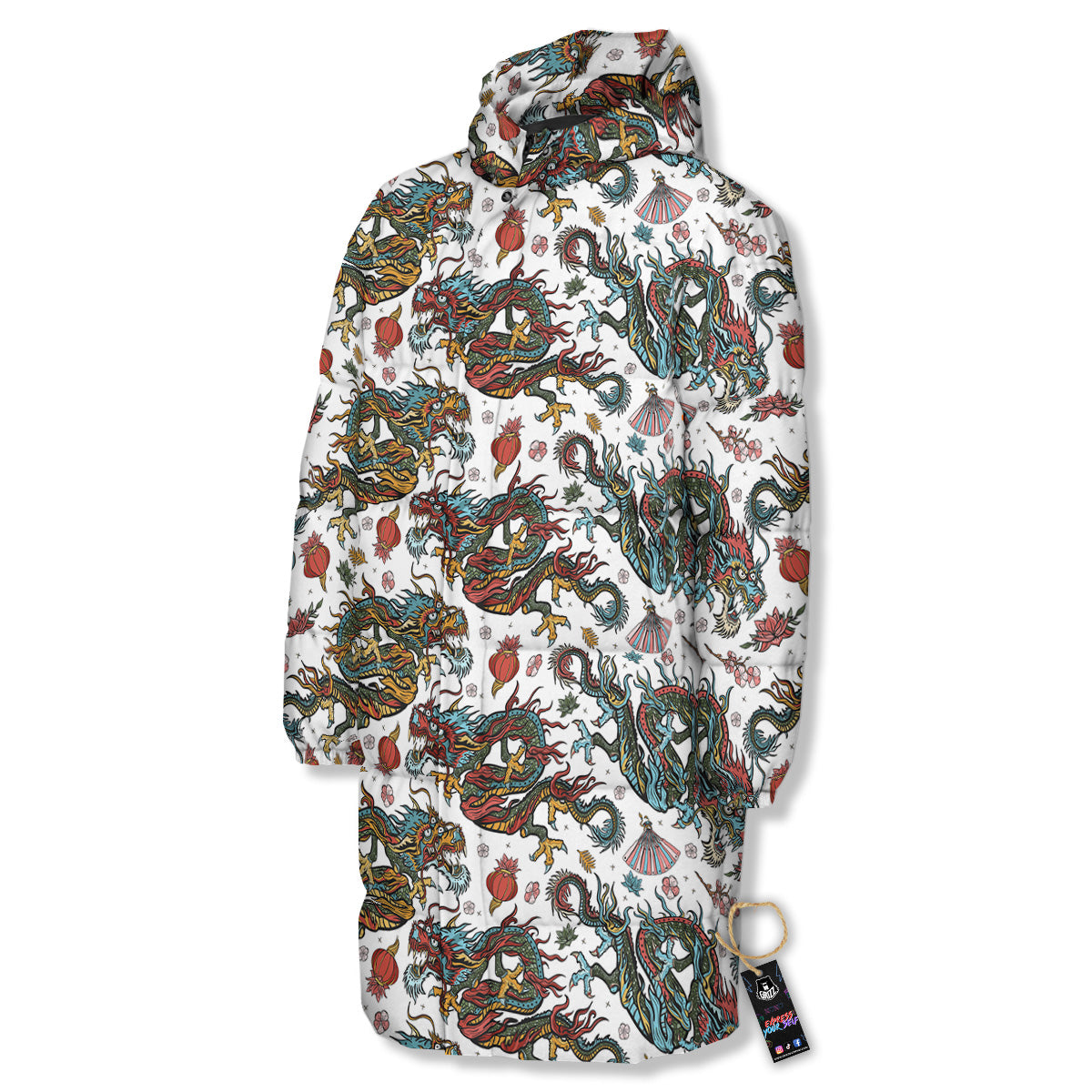 Flying Chinese Dragons Tattoo Print Pattern Long Down Jacket-grizzshop