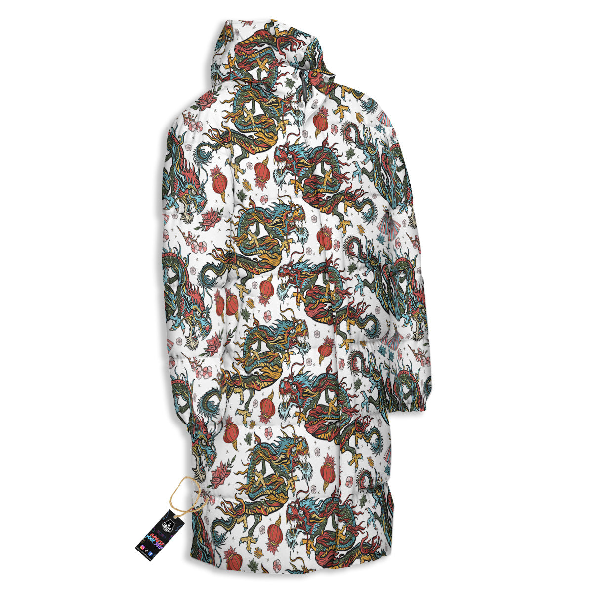 Flying Chinese Dragons Tattoo Print Pattern Long Down Jacket-grizzshop