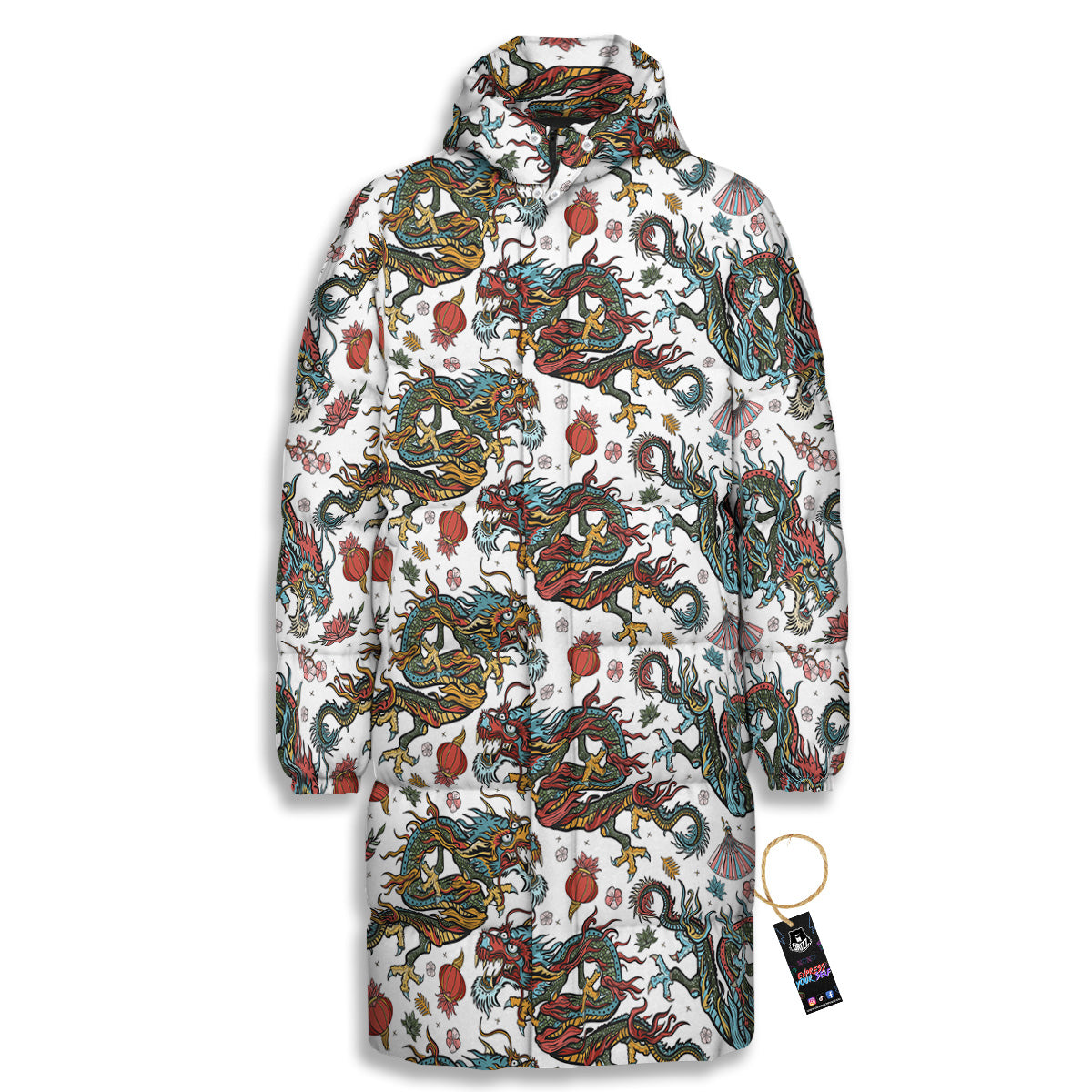 Flying Chinese Dragons Tattoo Print Pattern Long Down Jacket-grizzshop
