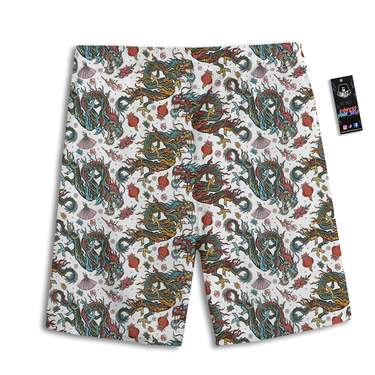 Flying Chinese Dragons Tattoo Print Pattern Men's Athletic Shorts