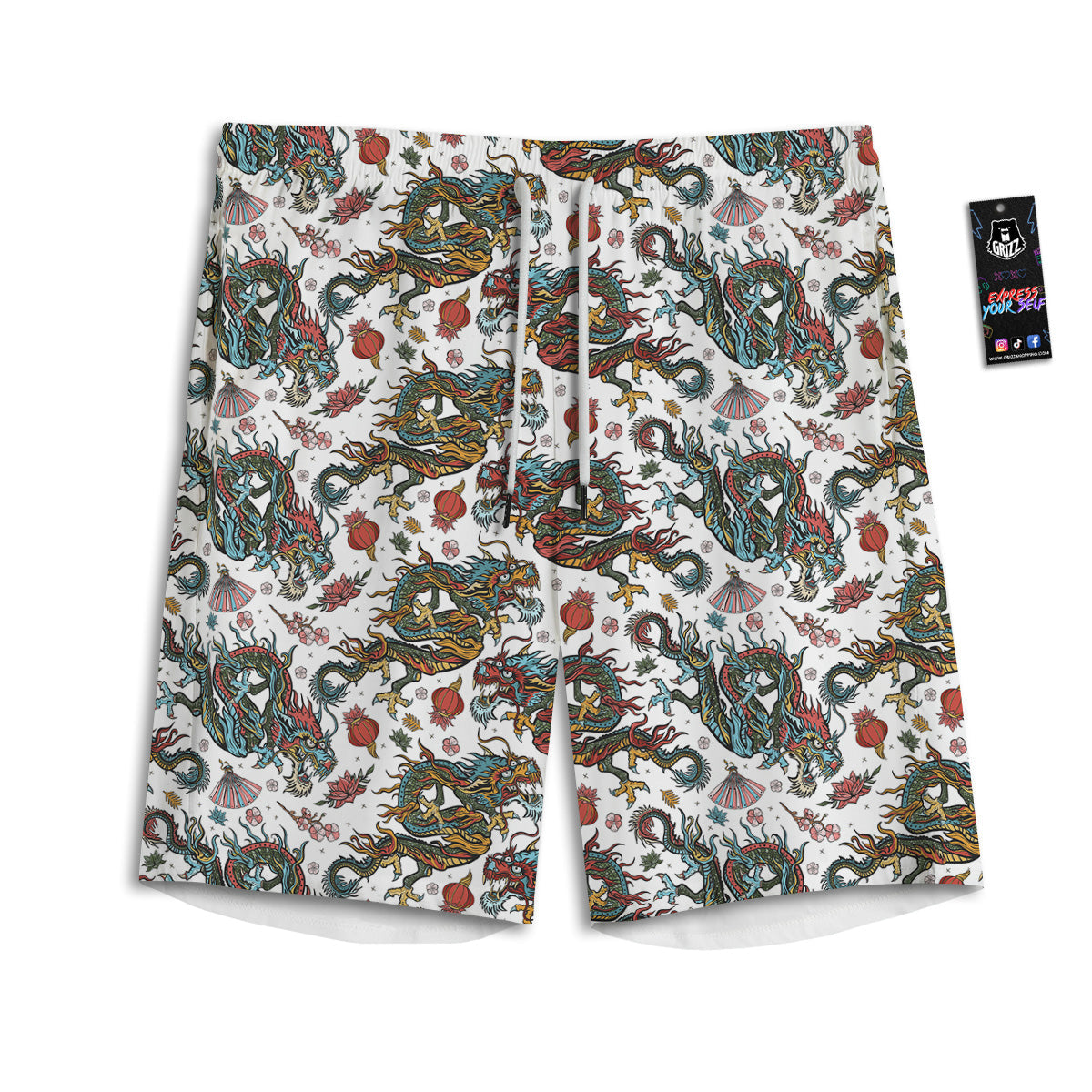 Flying Chinese Dragons Tattoo Print Pattern Men's Athletic Shorts