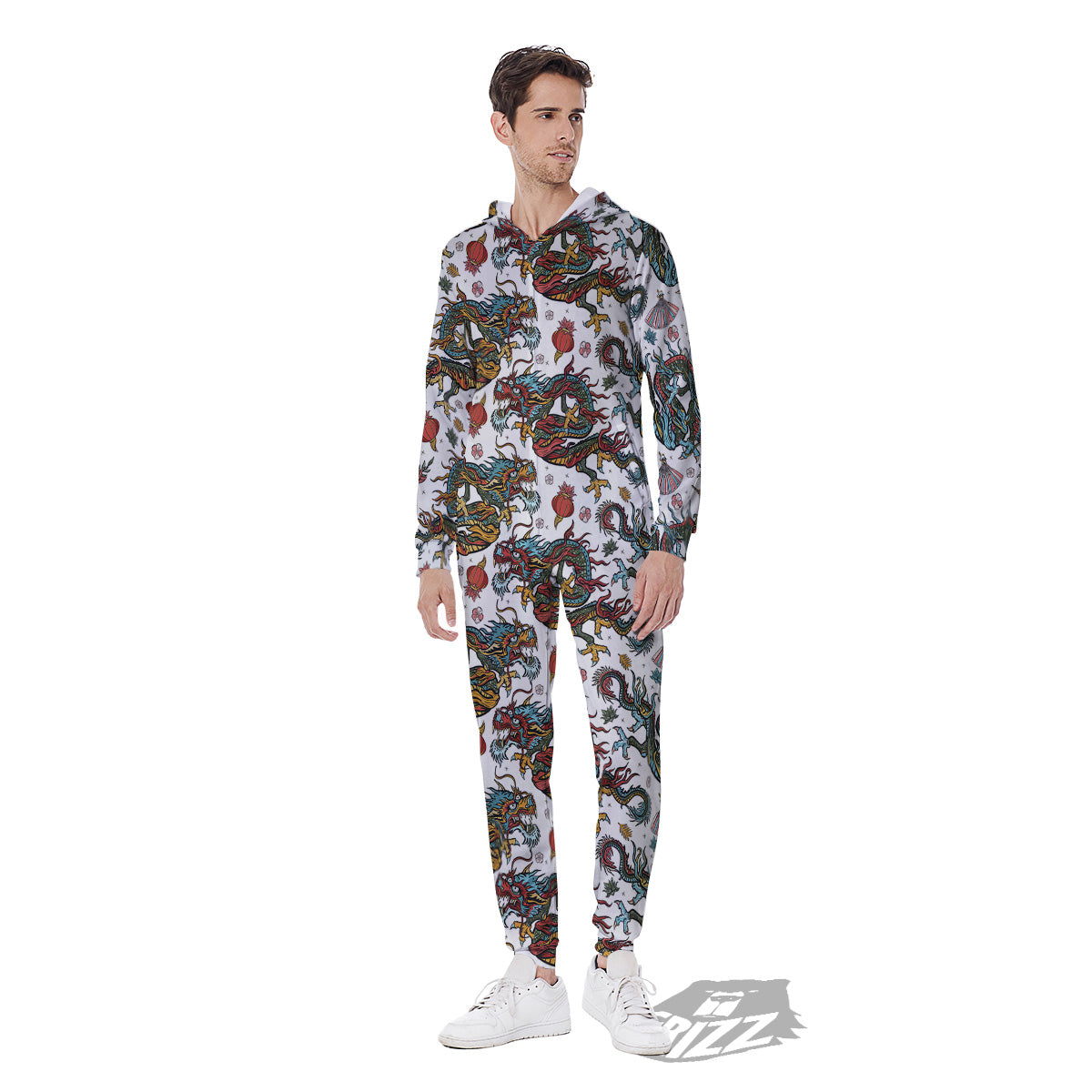 Flying Chinese Dragons Tattoo Print Pattern Men's Jumpsuit-grizzshop