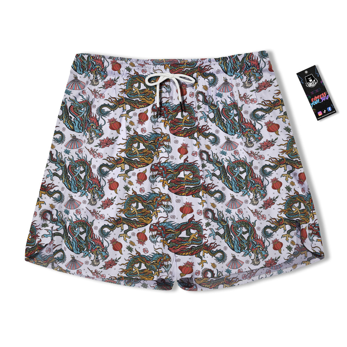 Flying Chinese Dragons Tattoo Print Pattern Men's Running Shorts-grizzshop