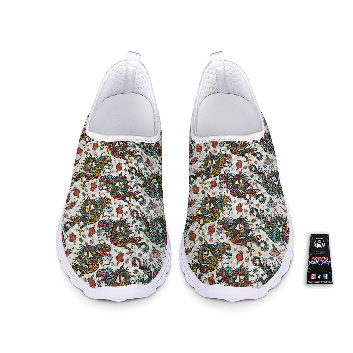 Flying Chinese Dragons Tattoo Print Pattern Nurse Shoes-grizzshop