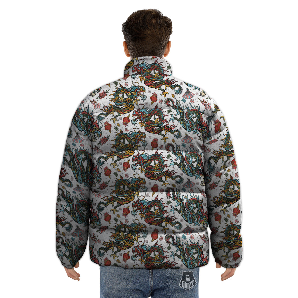 Flying Chinese Dragons Tattoo Print Pattern Puffer Jacket-grizzshop