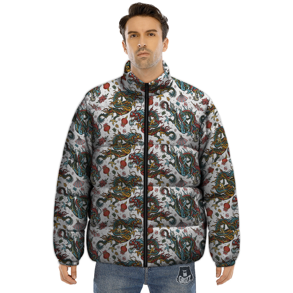 Flying Chinese Dragons Tattoo Print Pattern Puffer Jacket-grizzshop