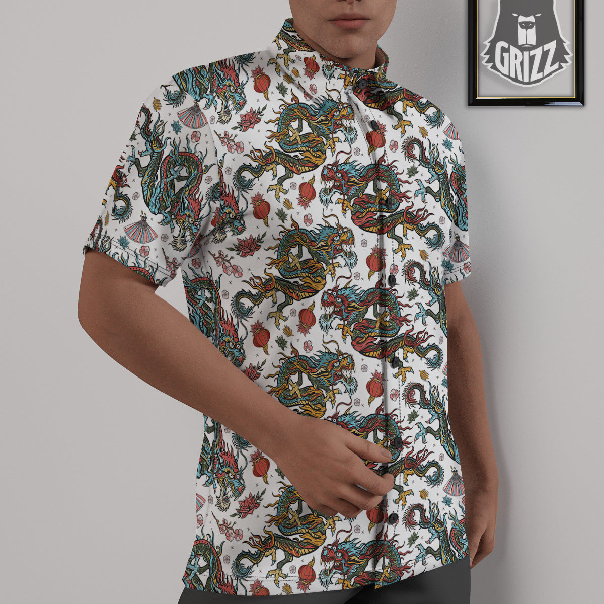 Flying Chinese Dragons Tattoo Print Pattern Untucked Shirts-grizzshop