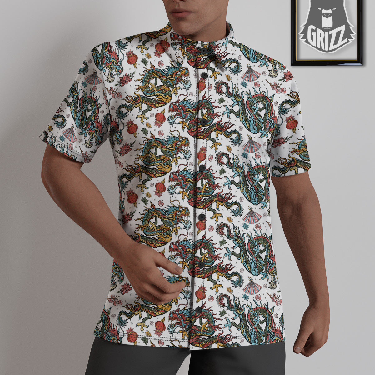 Flying Chinese Dragons Tattoo Print Pattern Untucked Shirts-grizzshop