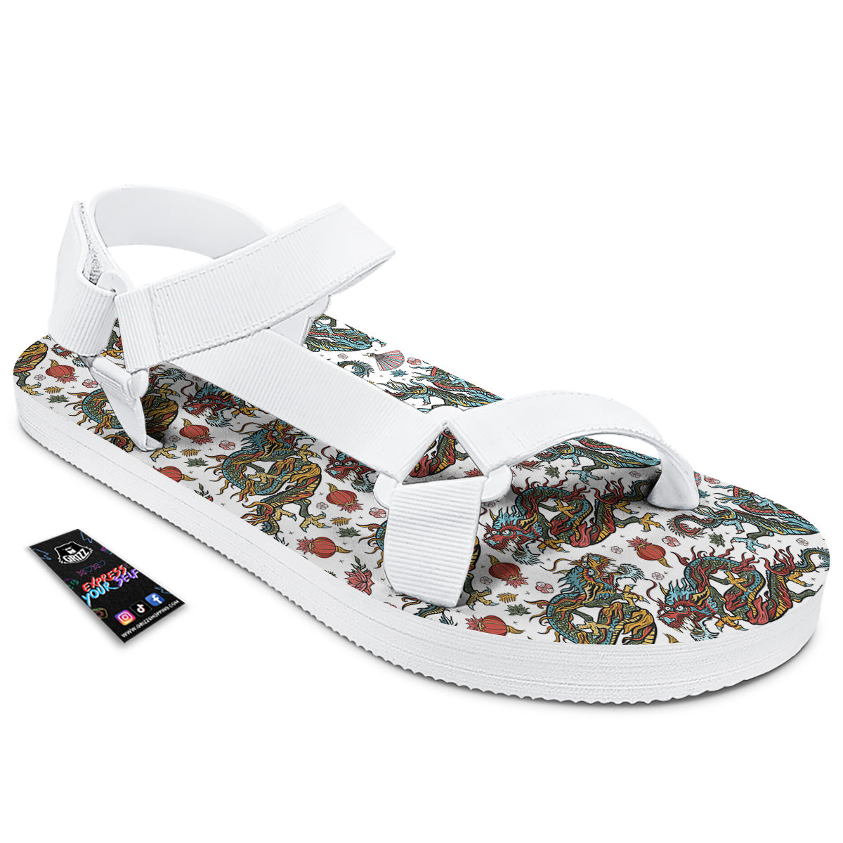 Flying Chinese Dragons Tattoo Print Pattern White Open Toe Sandals-grizzshop
