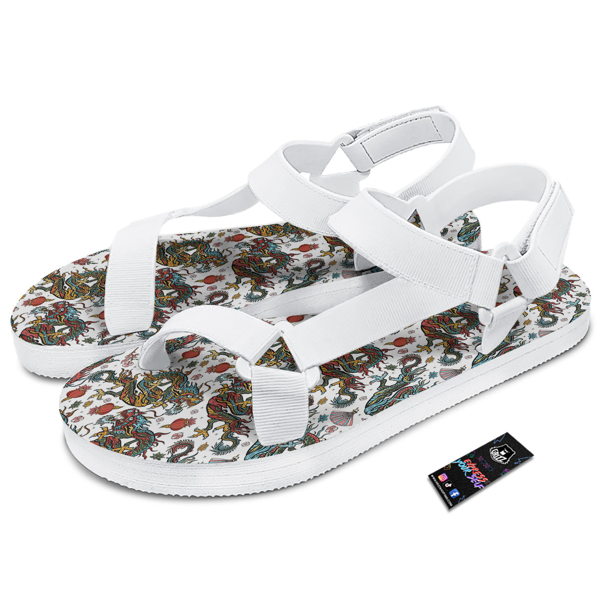 Flying Chinese Dragons Tattoo Print Pattern White Open Toe Sandals-grizzshop