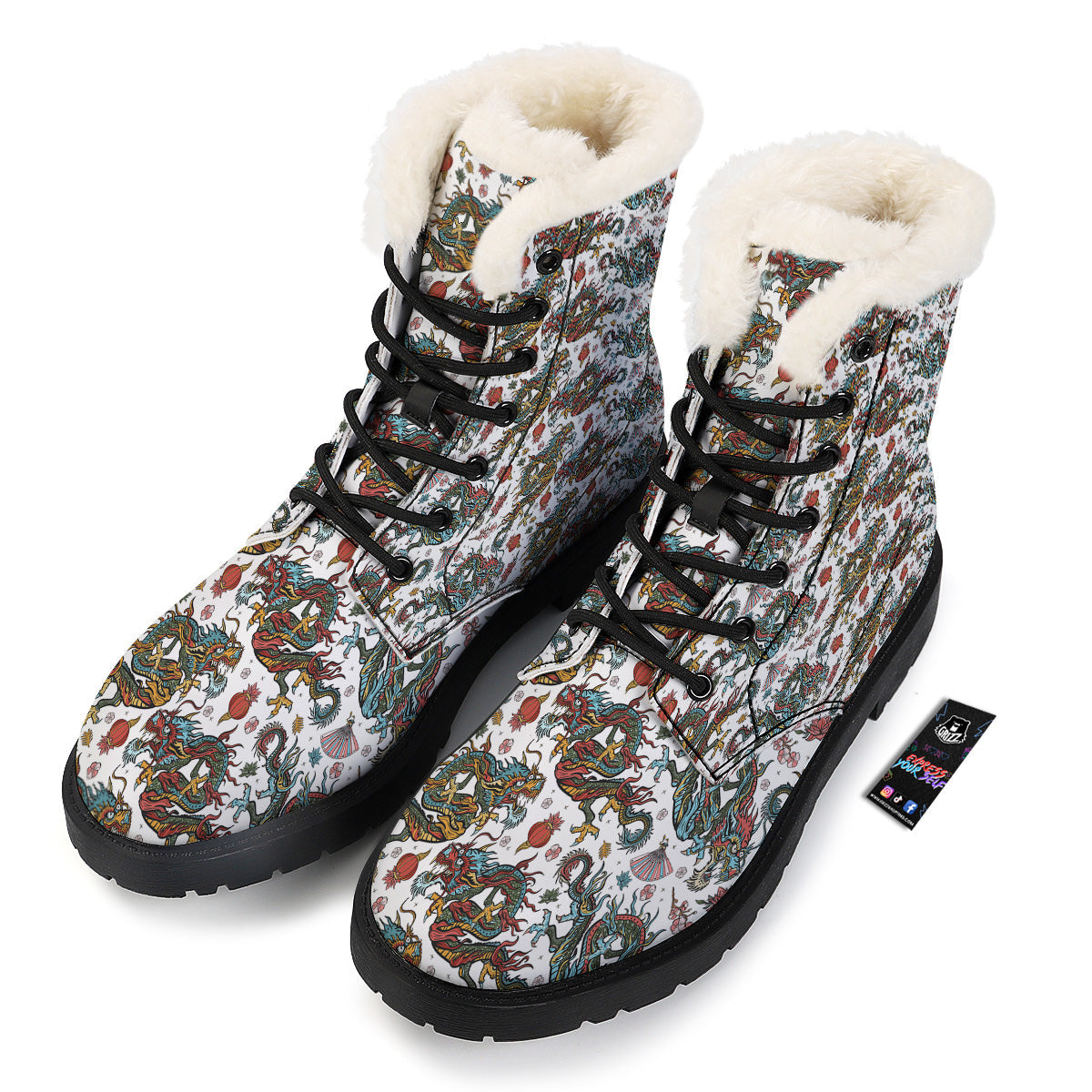 Flying Chinese Dragons Tattoo Print Pattern Winter Boots-grizzshop