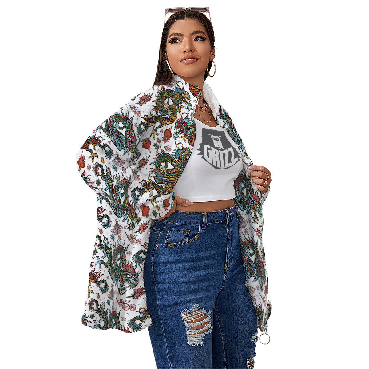 Flying Chinese Dragons Tattoo Print Pattern Women's Sherpa Jacket-grizzshop