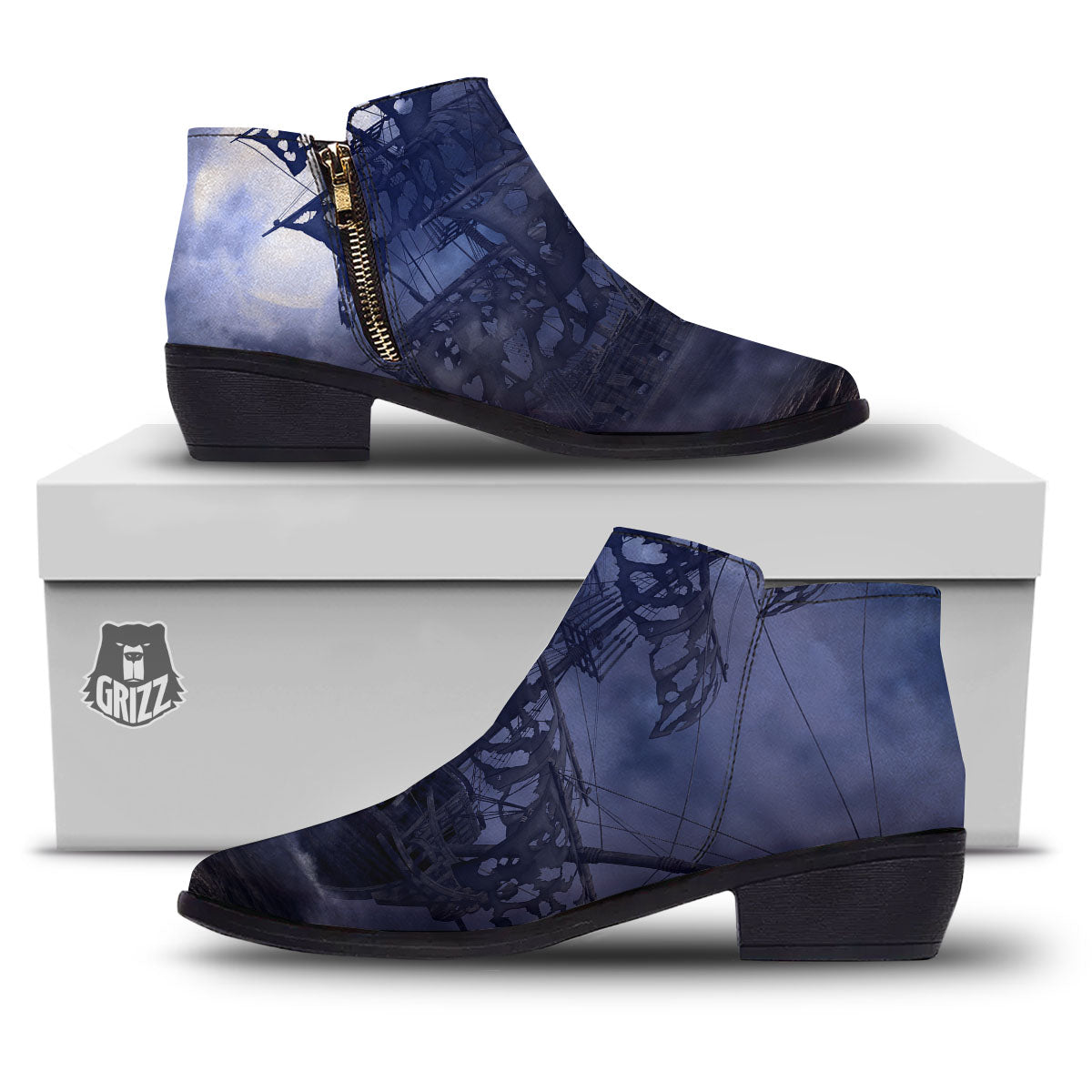 Flying Dutchman Ghost Pirate Ship Print Ankle Boots-grizzshop