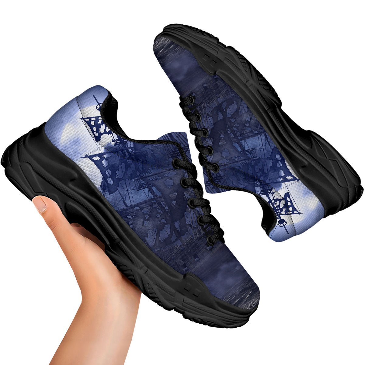 Flying Dutchman Ghost Pirate Ship Print Black Chunky Shoes-grizzshop