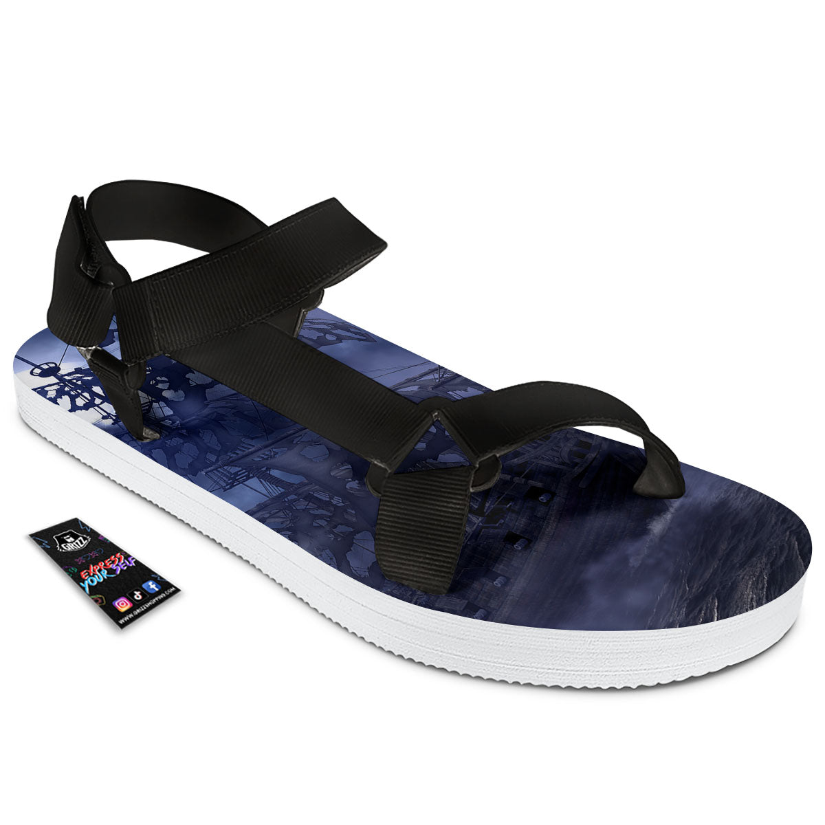 Flying Dutchman Ghost Pirate Ship Print Black Open Toe Sandals-grizzshop