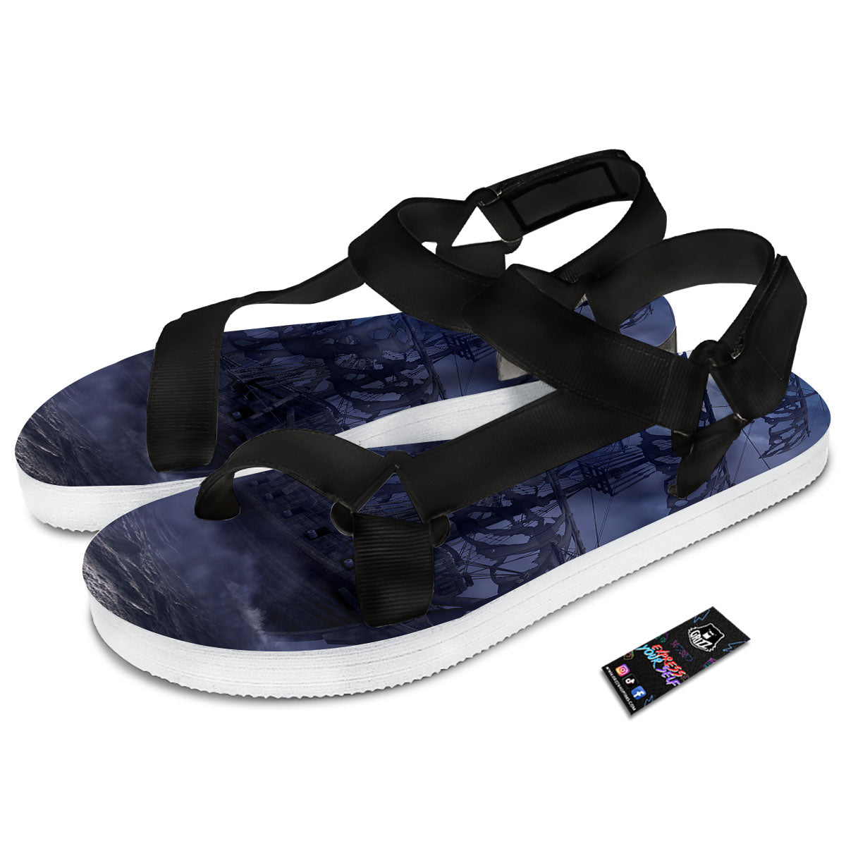 Flying Dutchman Ghost Pirate Ship Print Black Open Toe Sandals-grizzshop