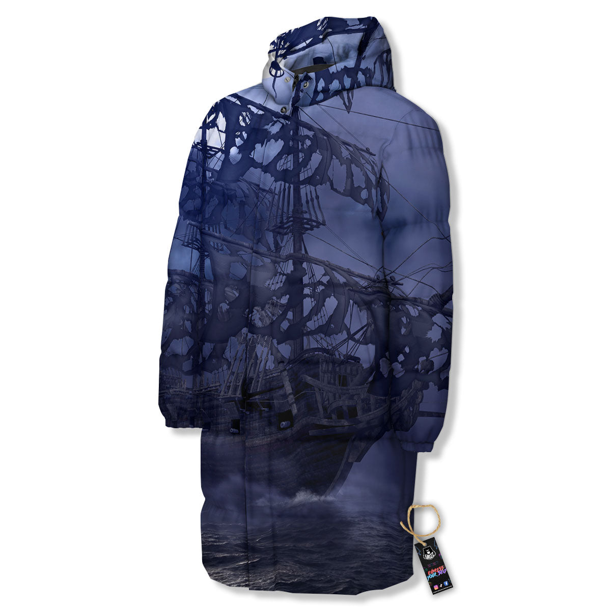 Flying Dutchman Ghost Pirate Ship Print Long Down Jacket-grizzshop