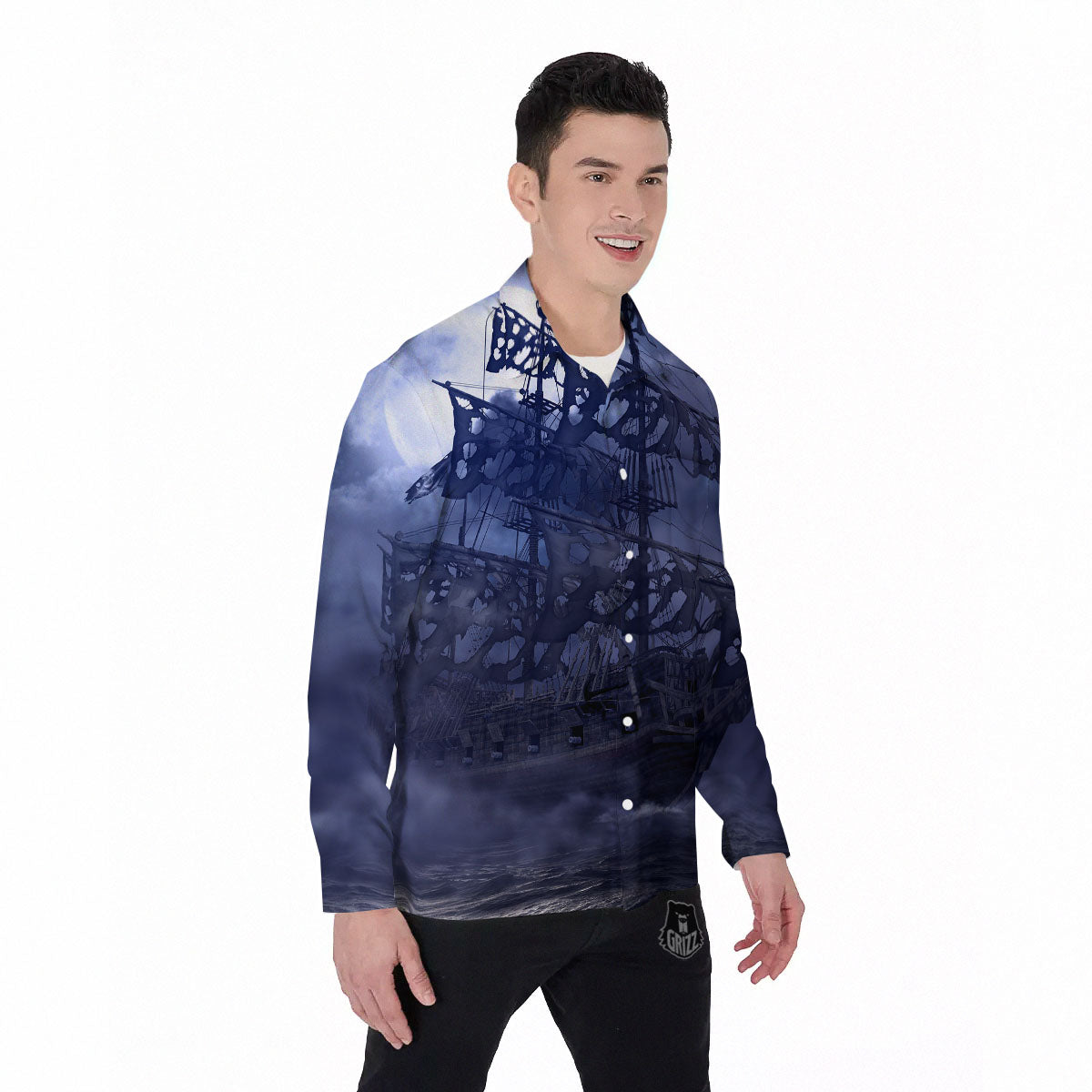 Flying Dutchman Ghost Pirate Ship Print Men's Long Sleeve Shirts-grizzshop