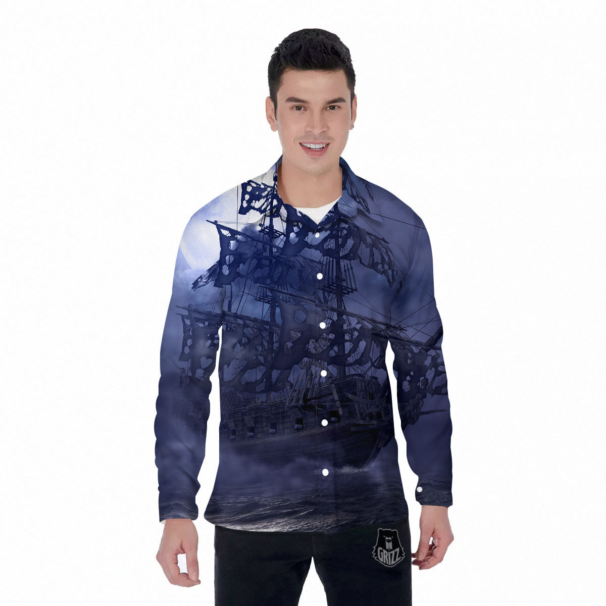 Flying Dutchman Ghost Pirate Ship Print Men's Long Sleeve Shirts-grizzshop