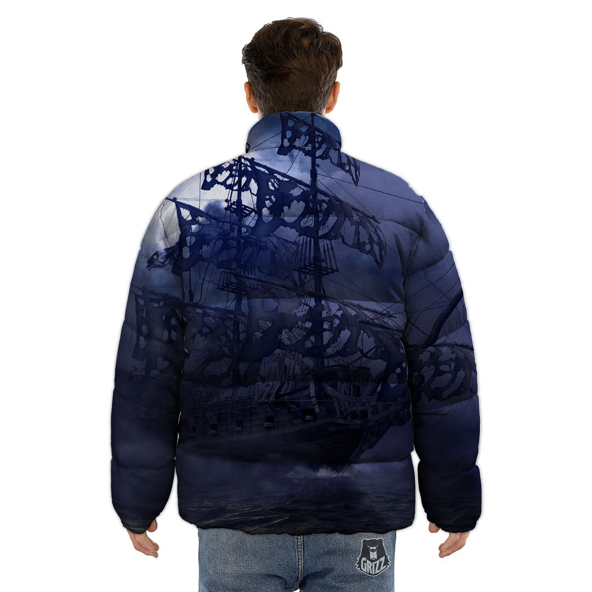 Flying Dutchman Ghost Pirate Ship Print Puffer Jacket-grizzshop