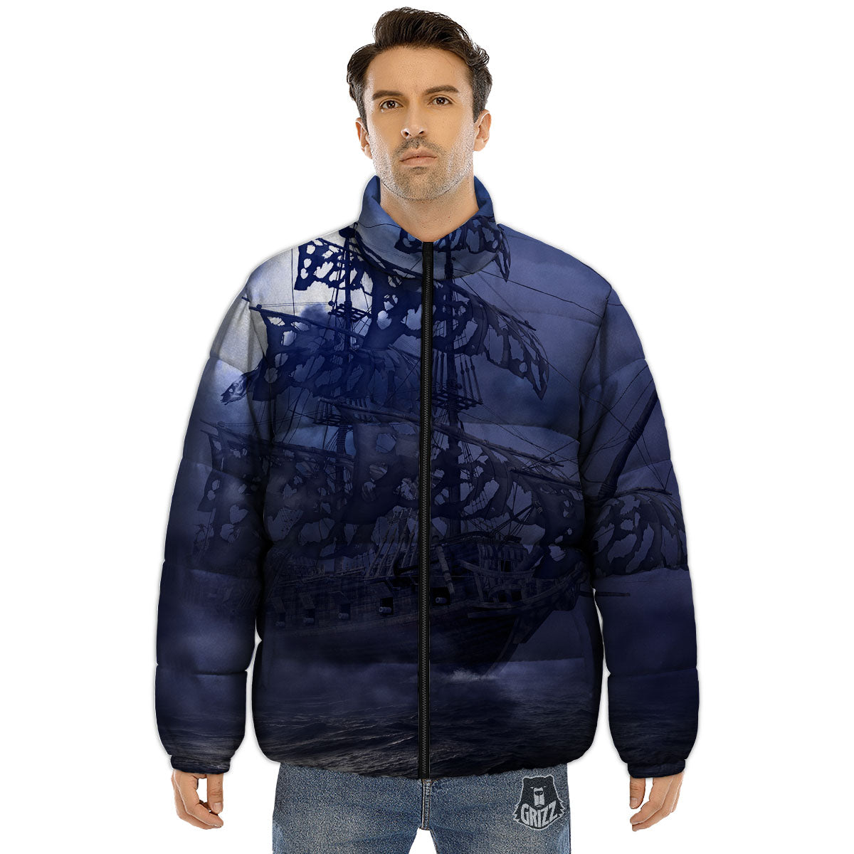 Flying Dutchman Ghost Pirate Ship Print Puffer Jacket-grizzshop