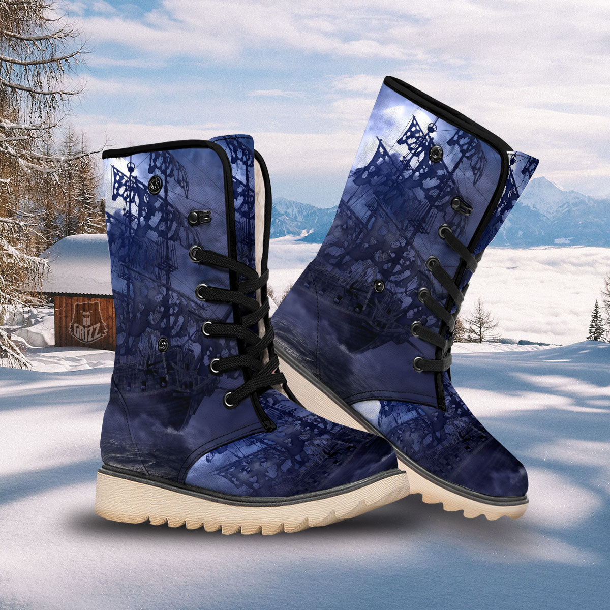 Flying Dutchman Ghost Pirate Ship Print Snow Boots-grizzshop