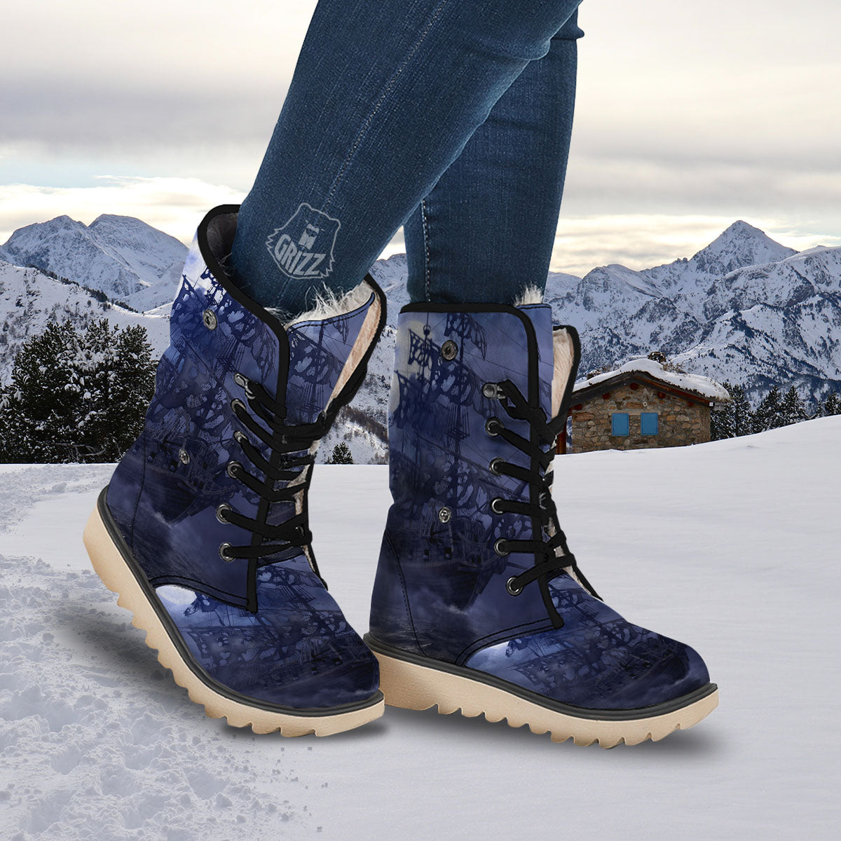 Flying Dutchman Ghost Pirate Ship Print Snow Boots-grizzshop