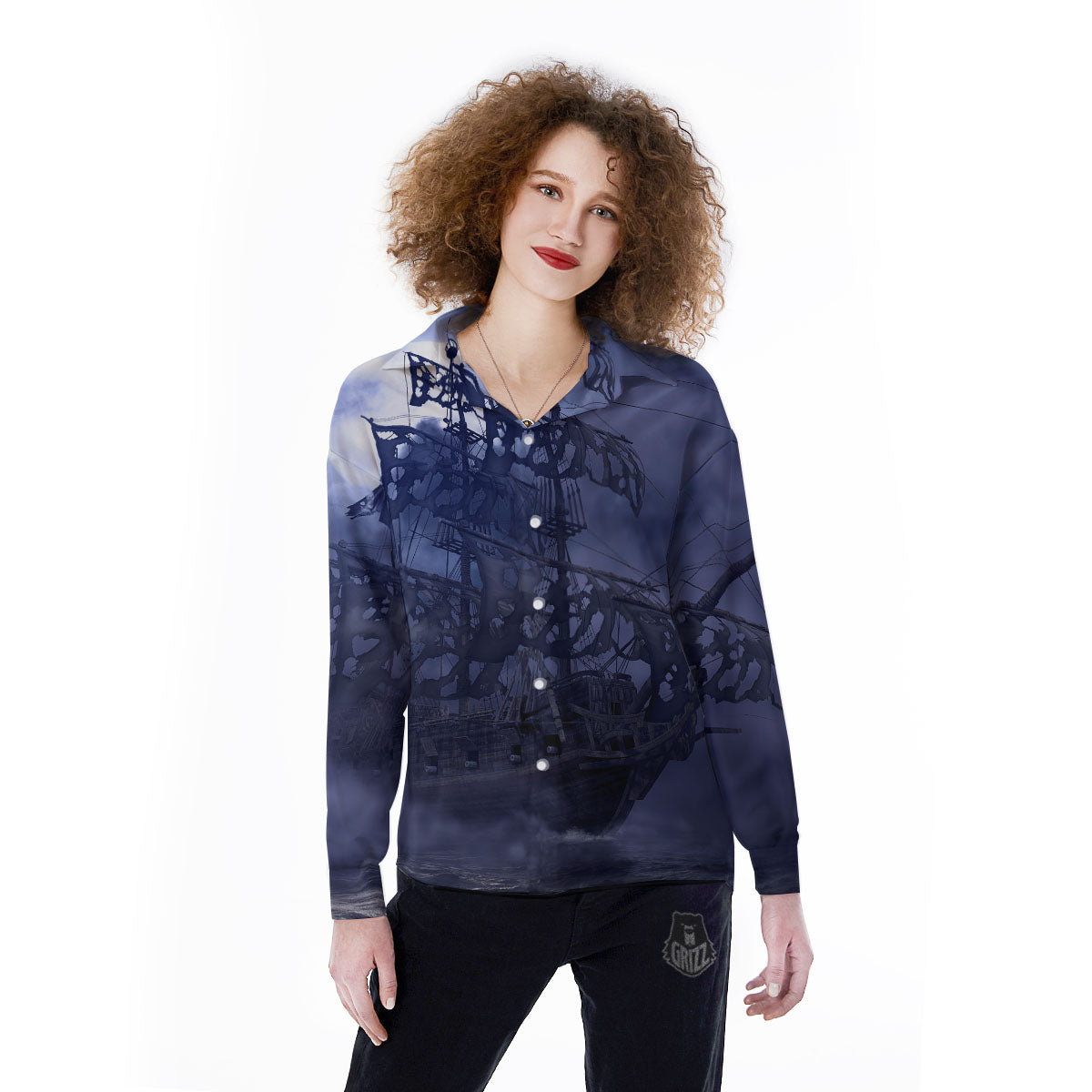 Flying Dutchman Ghost Pirate Ship Print Women's Long Sleeve Shirts-grizzshop