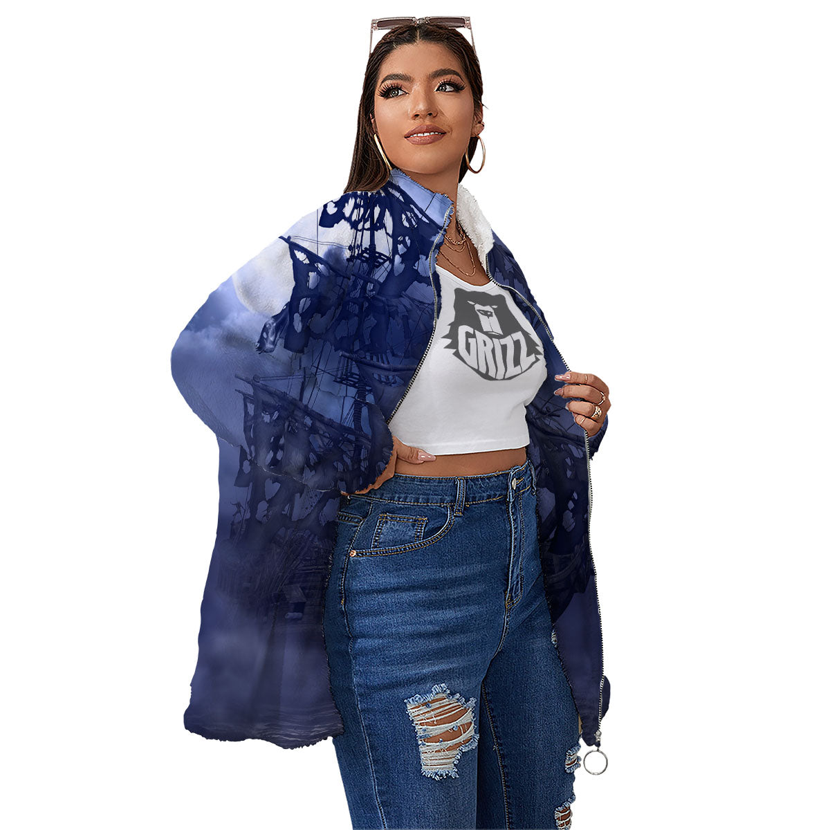 Flying Dutchman Ghost Pirate Ship Print Women's Sherpa Jacket-grizzshop