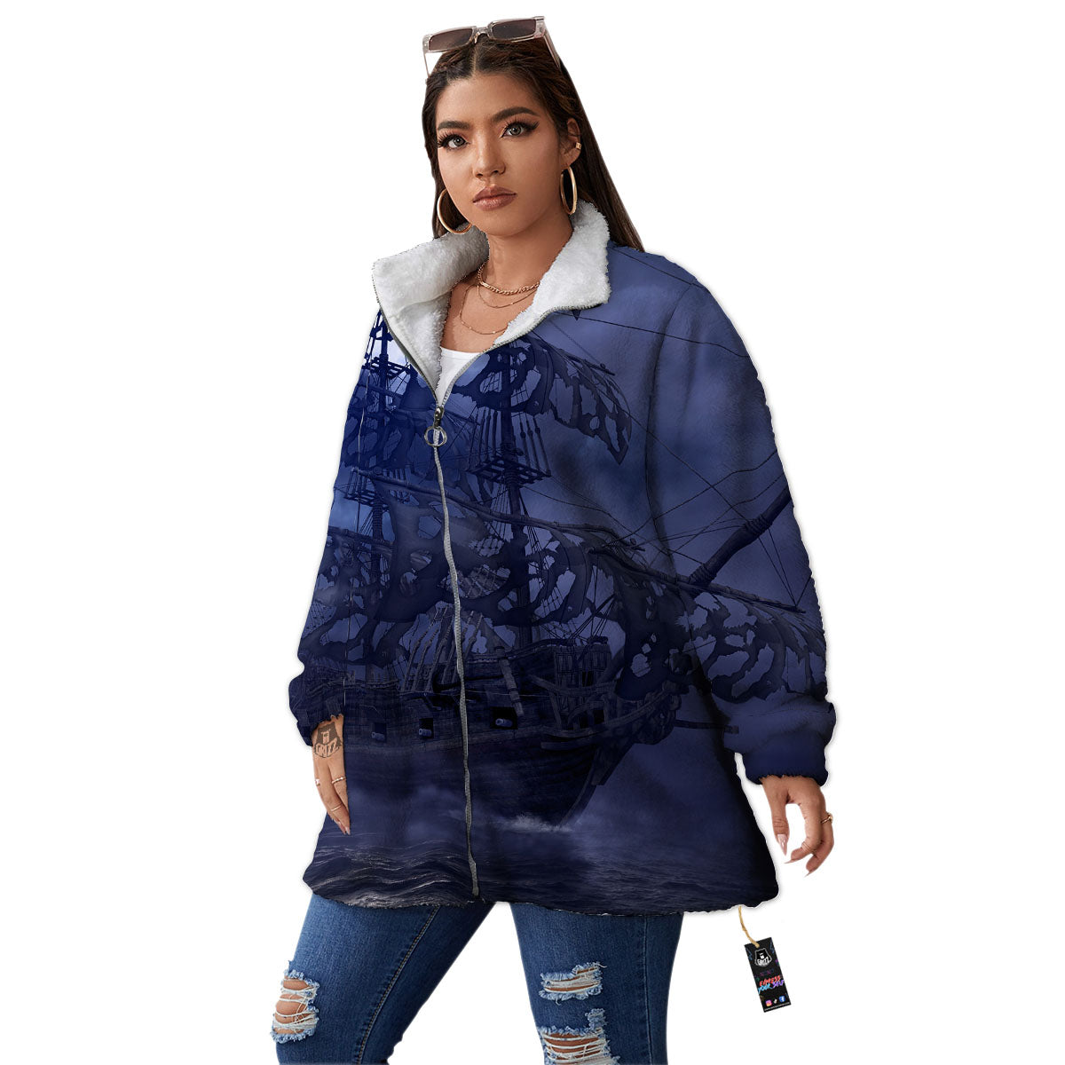 Flying Dutchman Ghost Pirate Ship Print Women's Sherpa Jacket-grizzshop