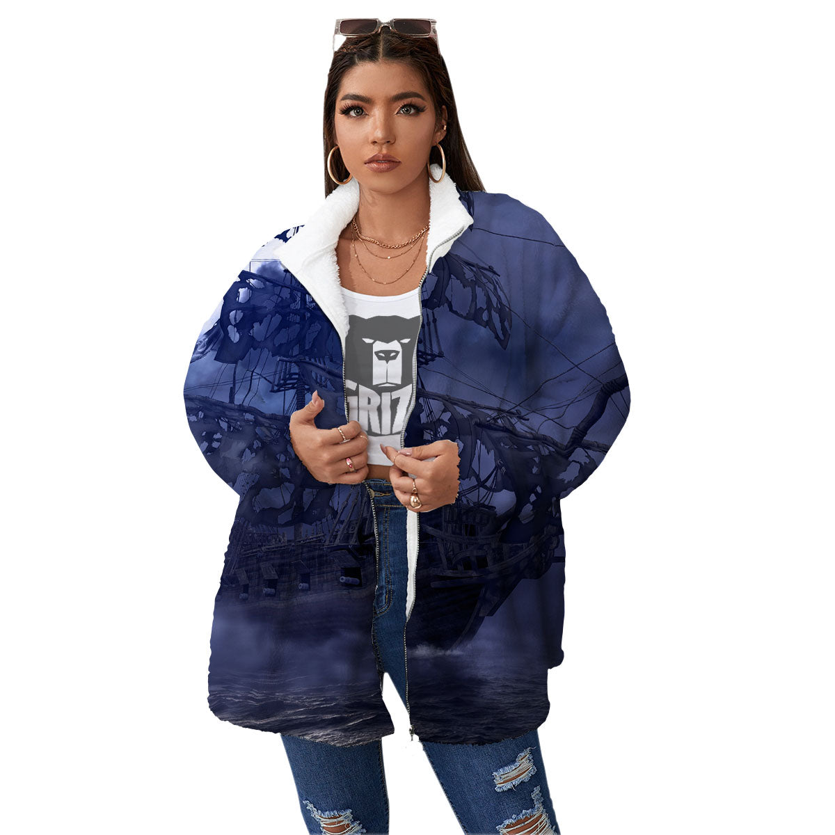 Flying Dutchman Ghost Pirate Ship Print Women's Sherpa Jacket-grizzshop