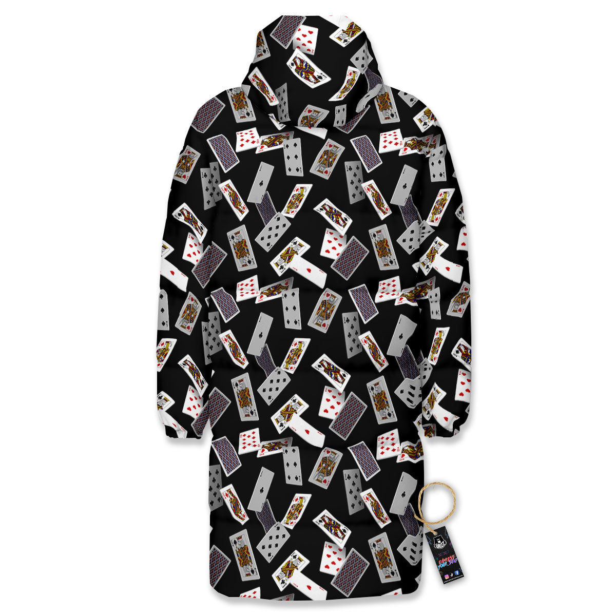 Flying Playing Cards Print Long Down Jacket-grizzshop