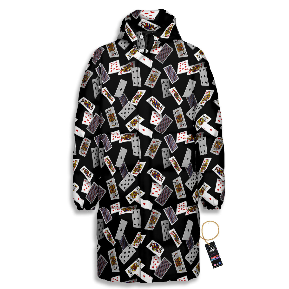 Flying Playing Cards Print Long Down Jacket-grizzshop